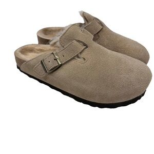 Birkenstock Boston Women’s Shearling Clogs Mules Taupe Suede Sz US 6 EU 37 NEW!